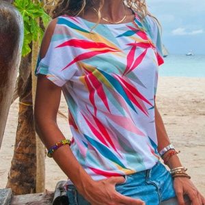 Neon Tropical Printed Cold Shoulder Cutout Tee